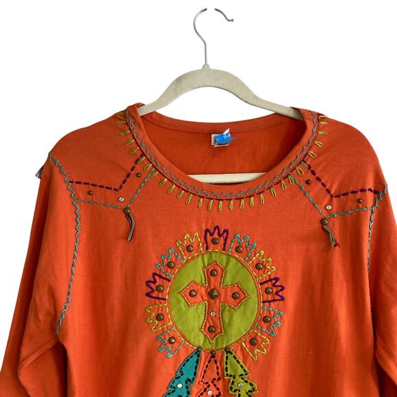 Y2K Sassy Sistas Orange Embroidered Biker Native American Loose Fit Top size XL - Picture 5 of 16